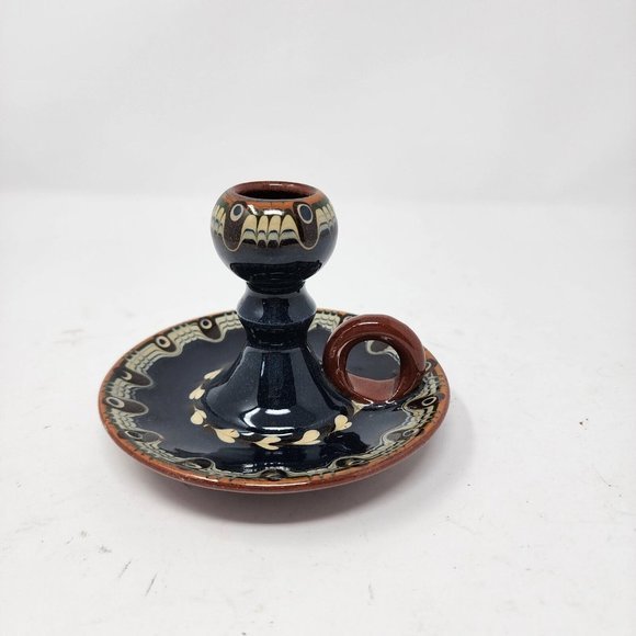 Vintage Bulgarian Redware Folk Art Handcrafted Troyan Ceramic Candle Holder Blue - Picture 10 of 10